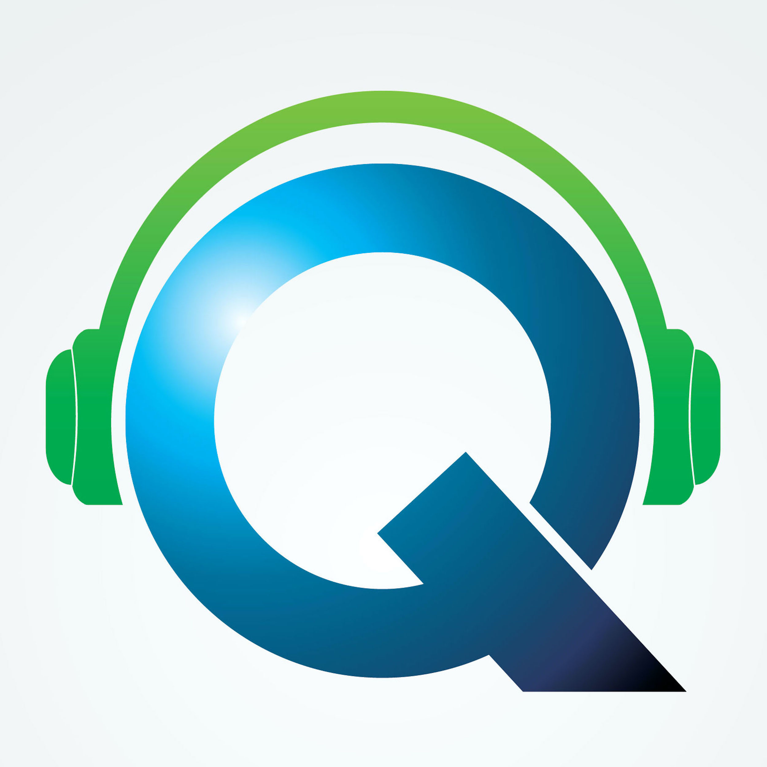 Urbanbyte Que It Logo blue green on white background with words Que It and the Q wearing a stylied headset